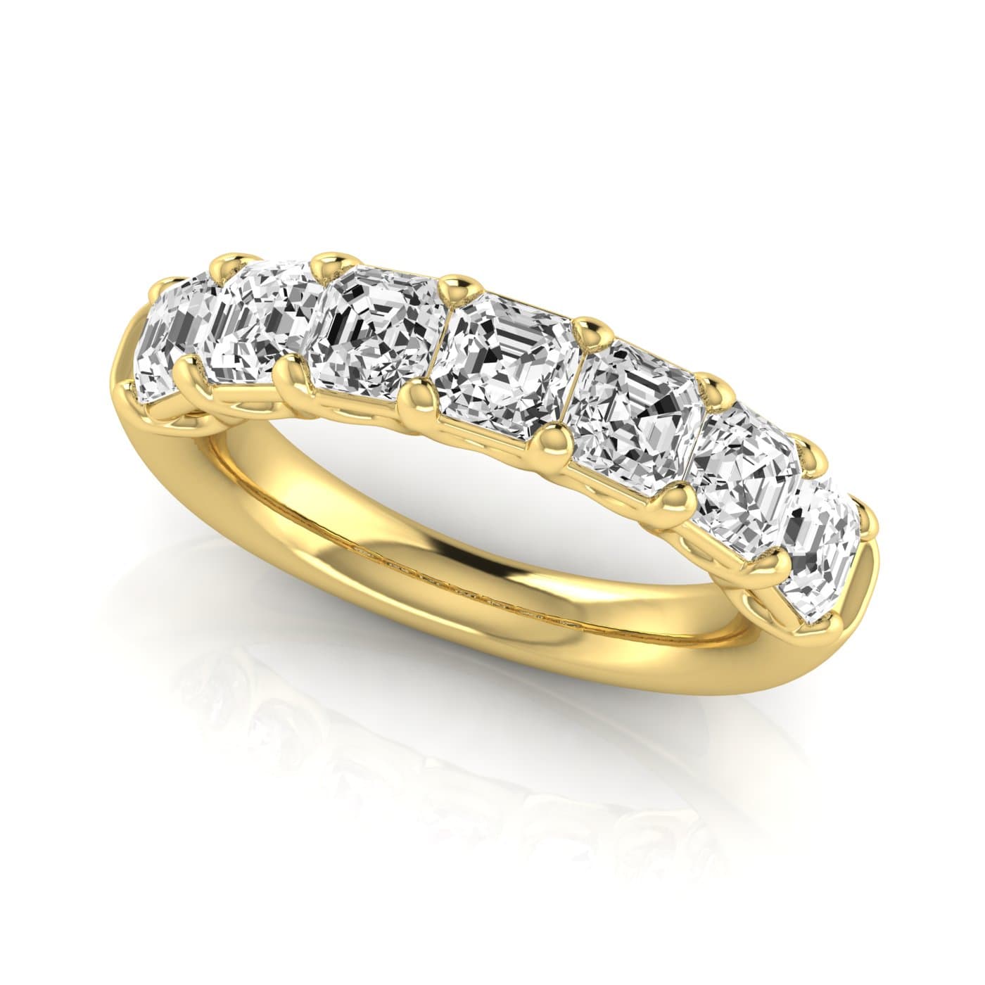 1/2 Spread Asscher Diamond Wedding Band (3 1/2 ct. tw.), On hand view in yellow gold