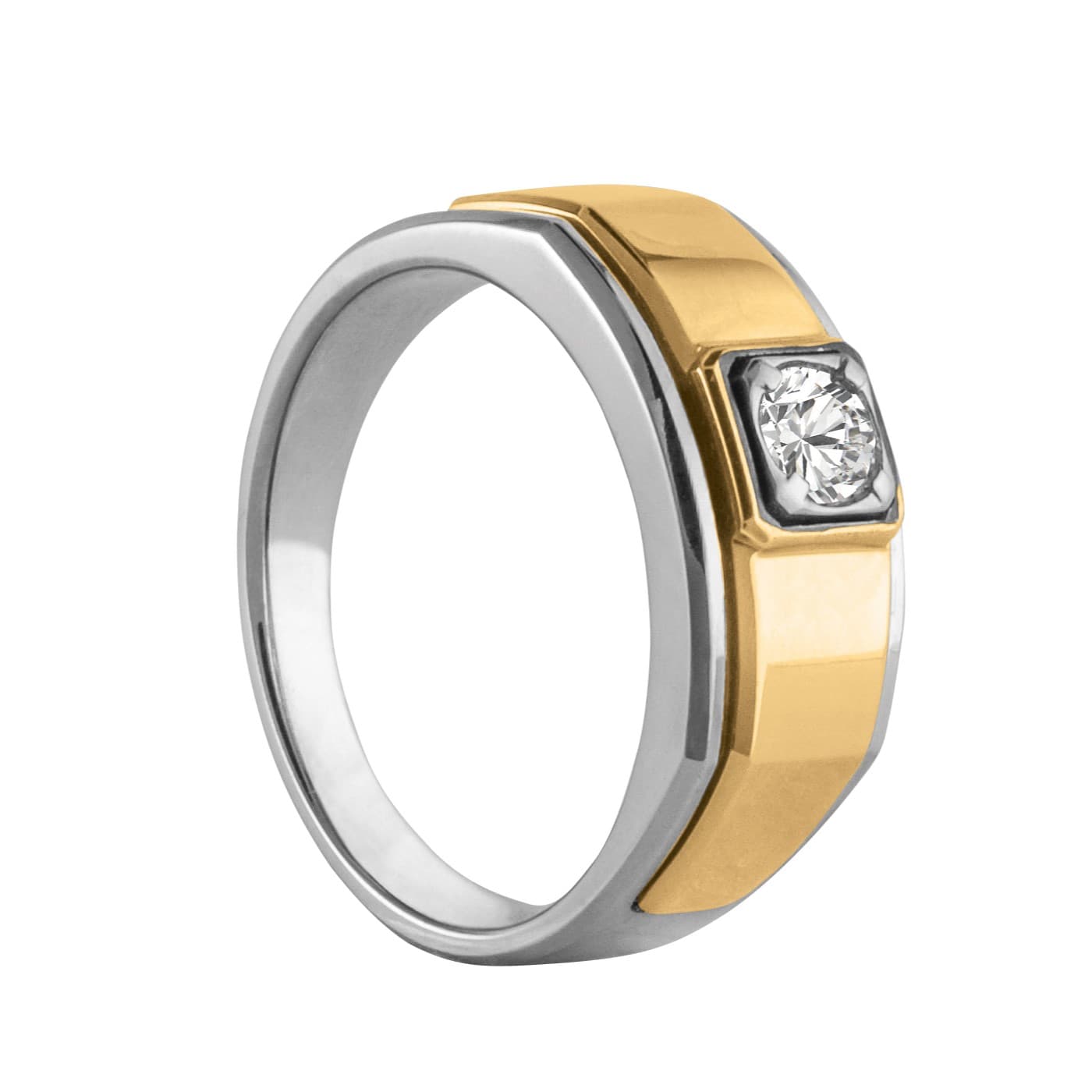 Men's Round Solitaire Ring, Side view in white gold or platinum