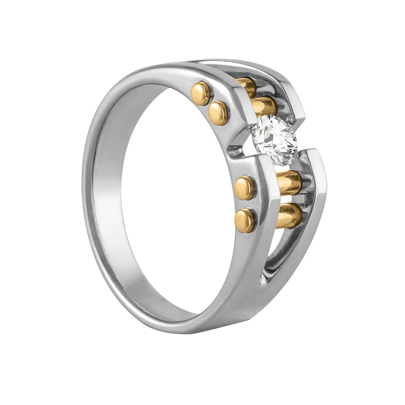 Men's Two Tone Solitaire Ring, Side view in white gold or platinum