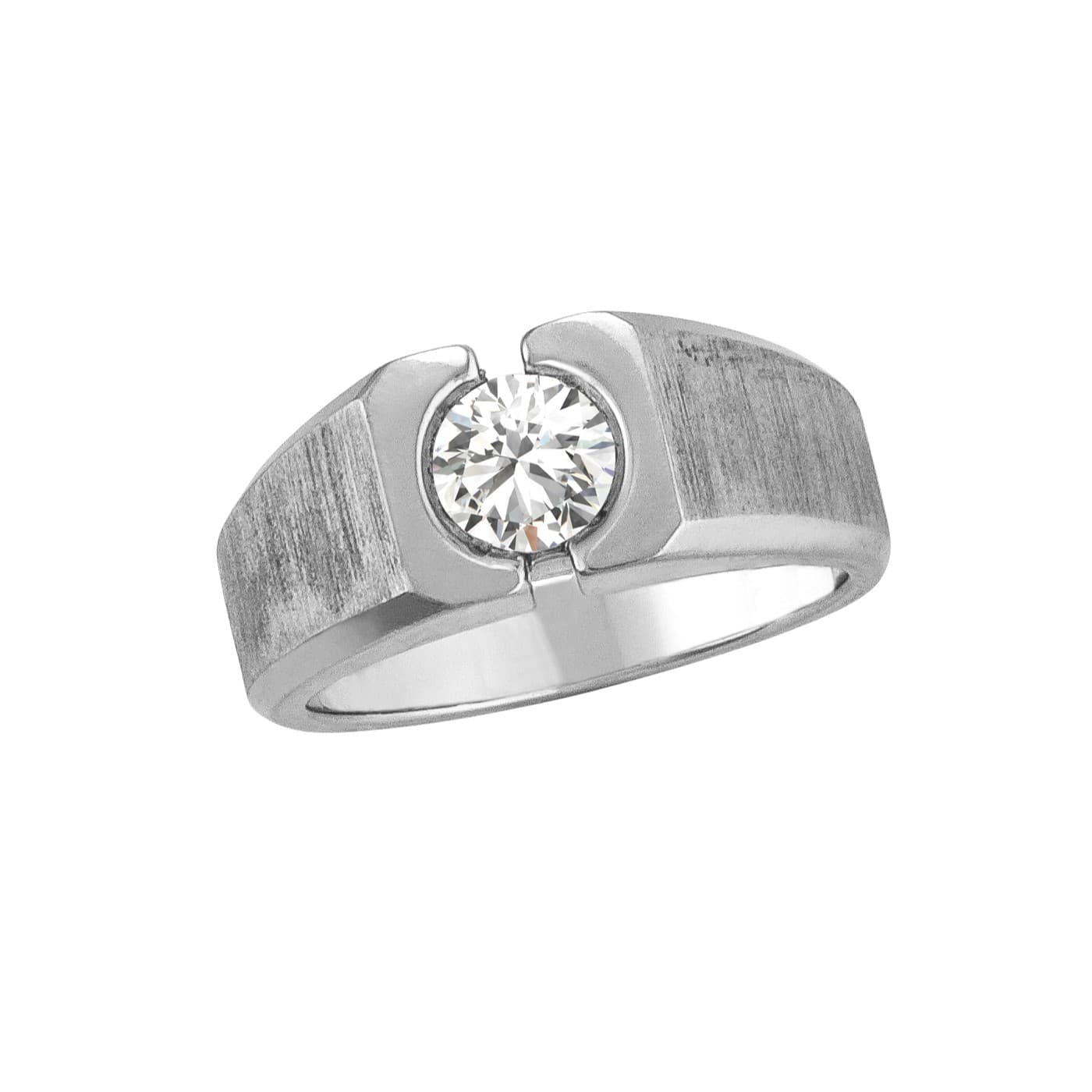 Men's Solitaire Ring Satin Finish, Side view in white gold or platinum
