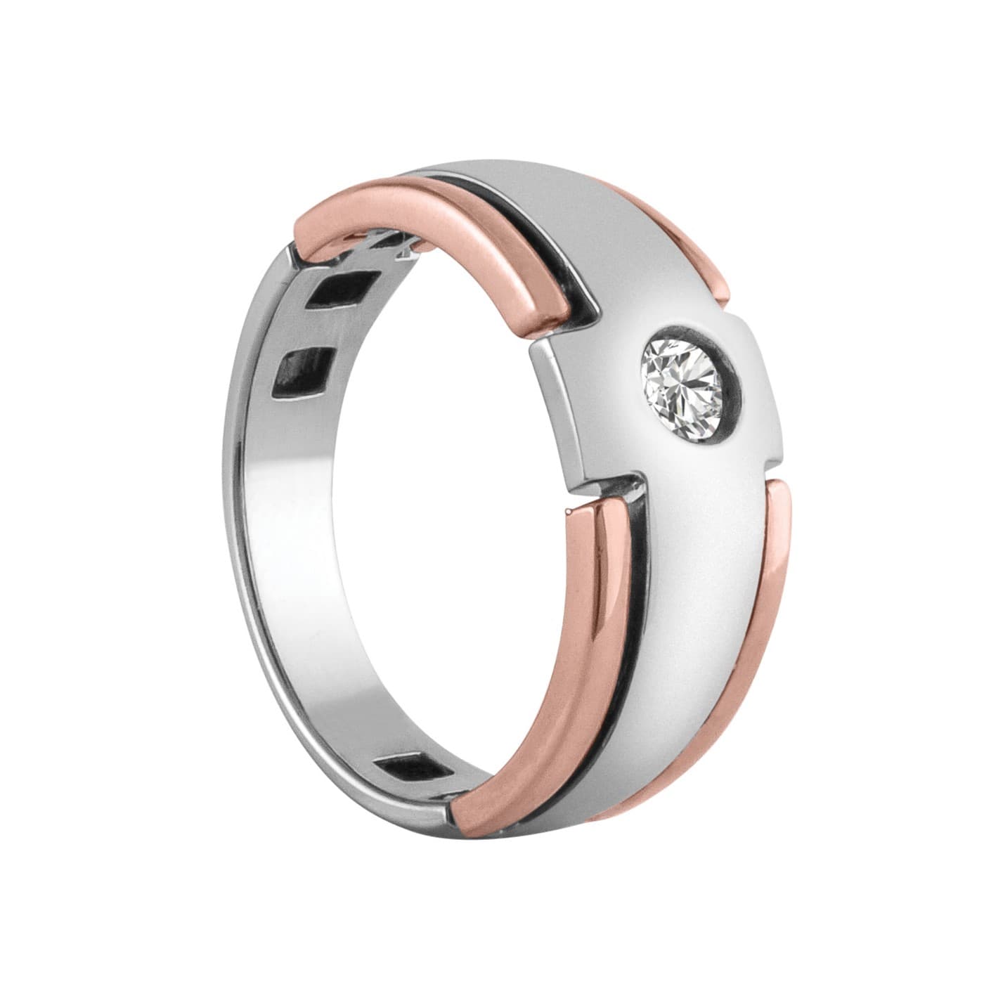 Men's'S TWO TONE SOLITAIRE RING, Side view in white gold or platinum