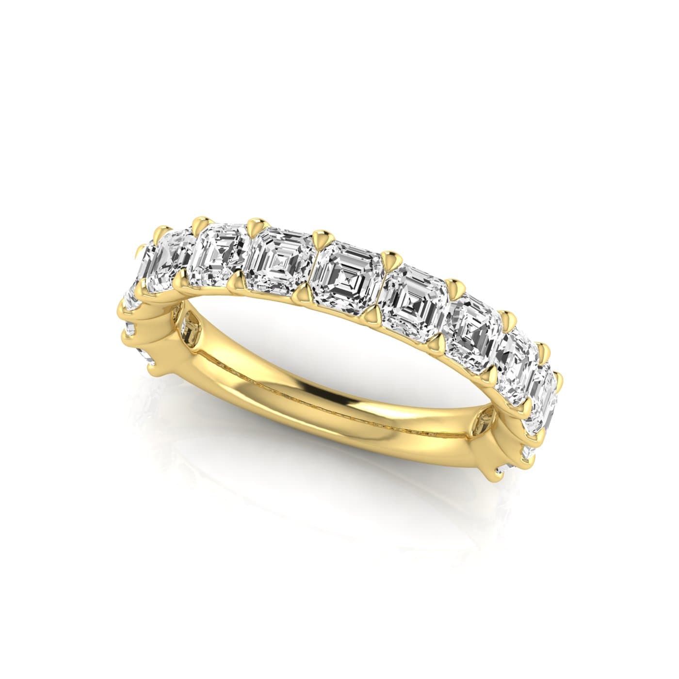 3/4 Spread Asscher Diamond Wedding Band (3 1/4 ct. tw.), On hand view in yellow gold