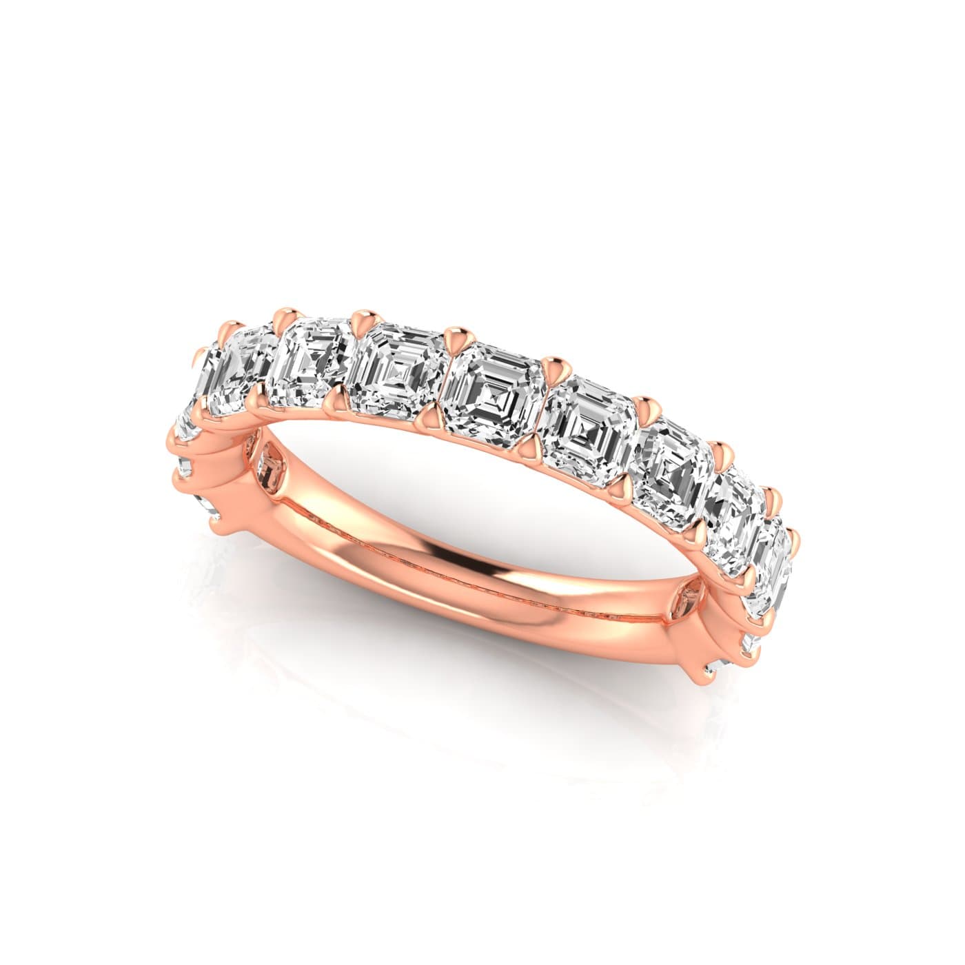 3/4 Spread Asscher Diamond Wedding Band (3 1/4 ct. tw.), On hand view in rose gold