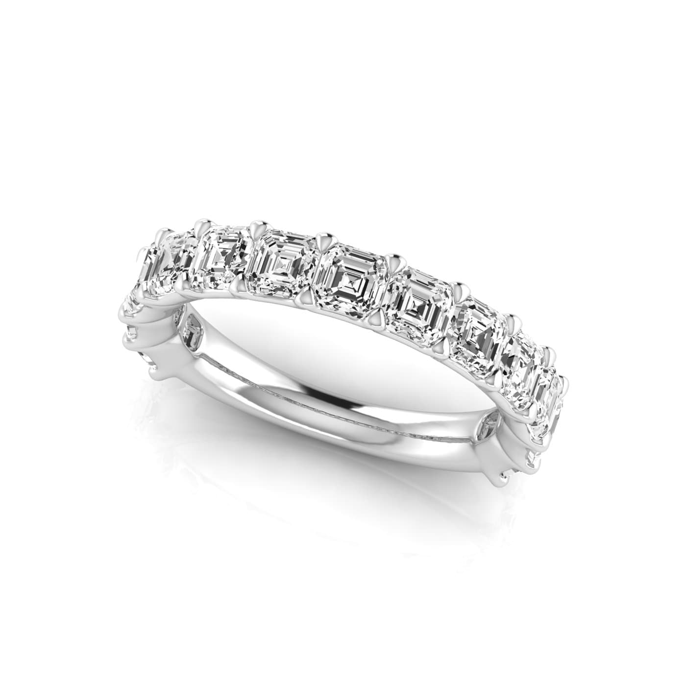 3/4 Spread Asscher Diamond Wedding Band (3 1/4 ct. tw.), On hand view in white gold or platinum