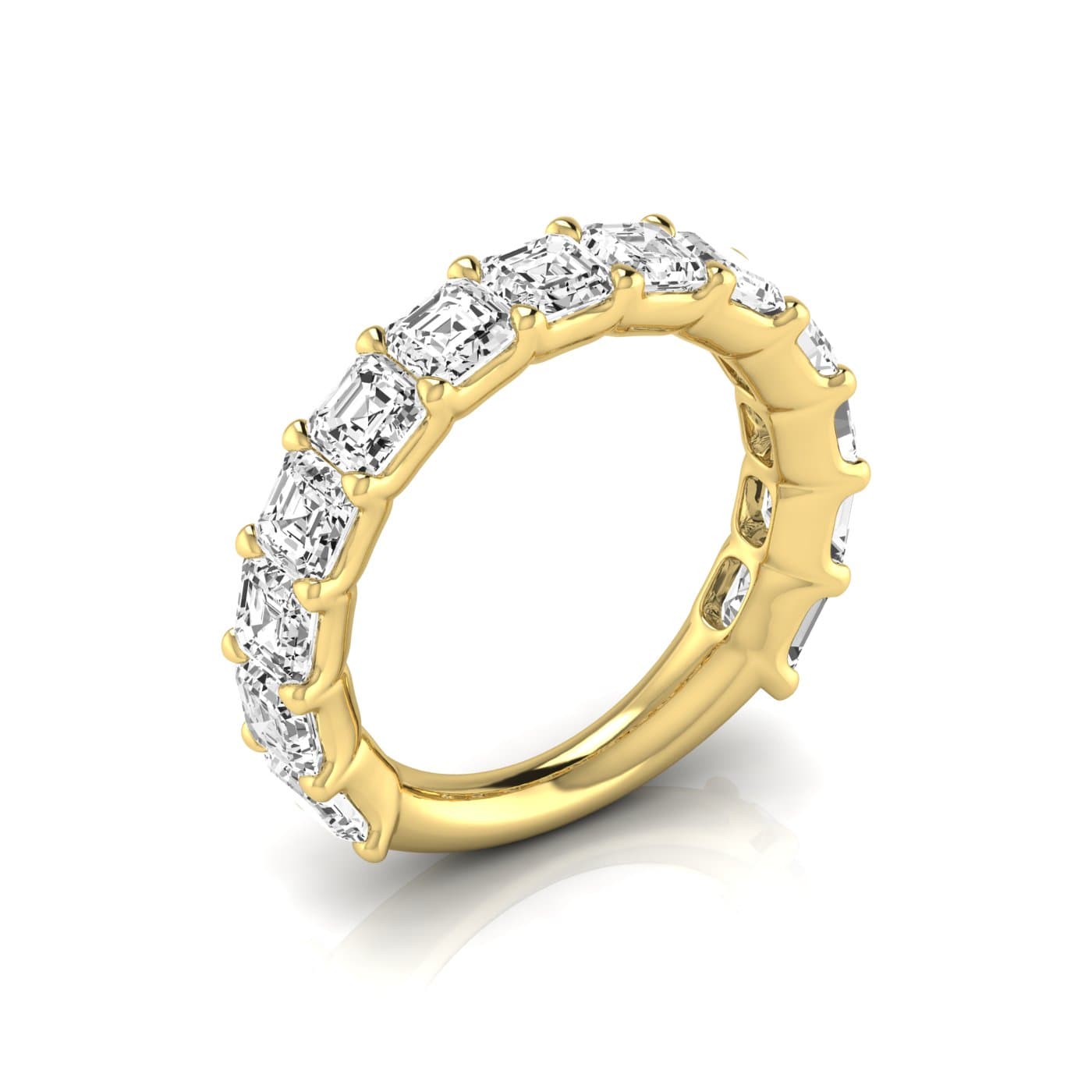 3/4 Spread Asscher Diamond Wedding Band (4.29 ct. tw.), Front view in yellow gold