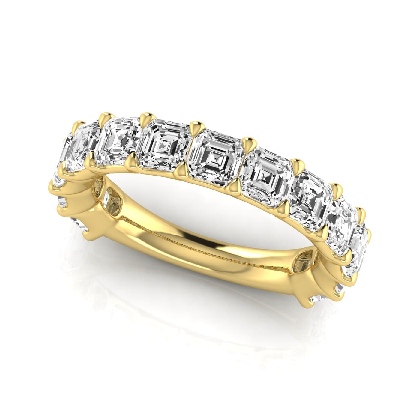 3/4 Spread Asscher Diamond Wedding Band (4.29 ct. tw.), On hand view in yellow gold