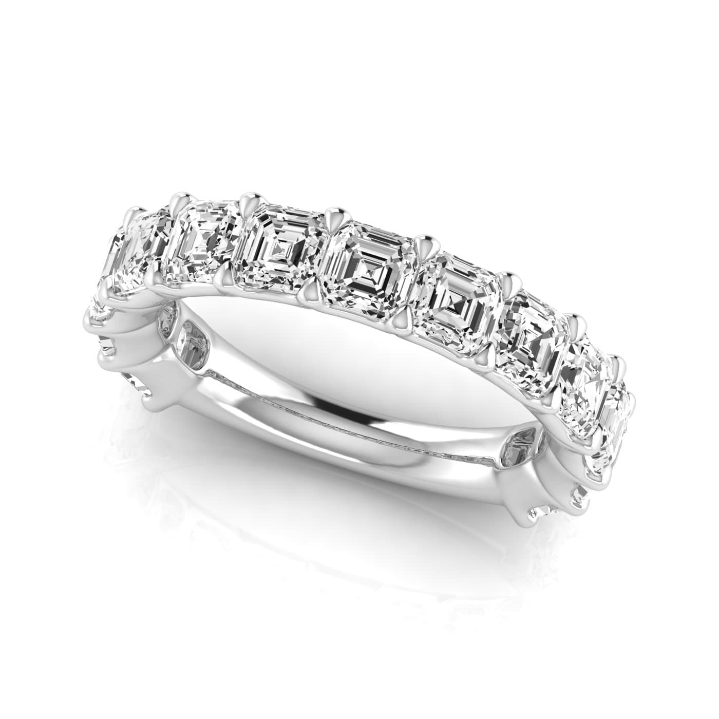 3/4 Spread Asscher Diamond Wedding Band (4.29 ct. tw.), On hand view in white gold or platinum
