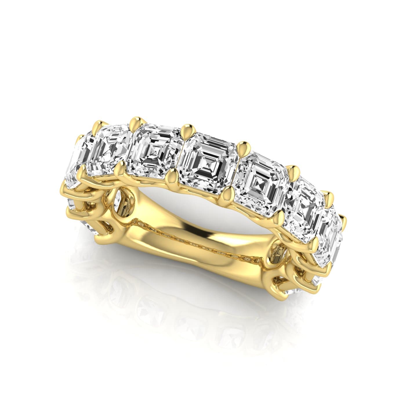 3/4 Spread Asscher Diamond Wedding Band (8 1/4 ct. tw.), On hand view in yellow gold