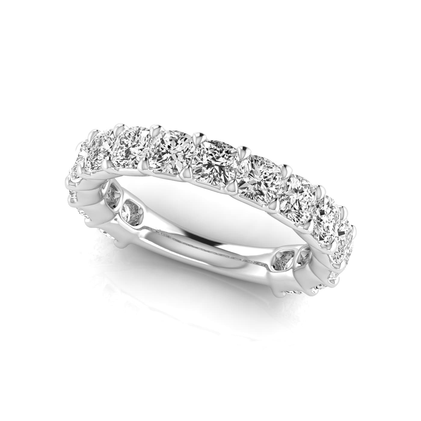 3/4 Spread Cushion Diamond Wedding Band (3 3/4 ct. tw.), On hand view in white gold or platinum