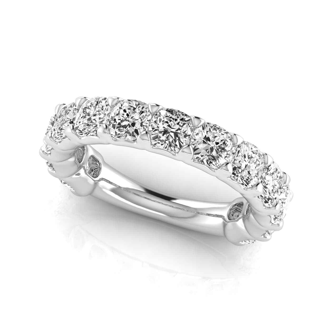 3/4 Spread Cushion Diamond Wedding Band (4.29 ct. tw.), On hand view in white gold or platinum