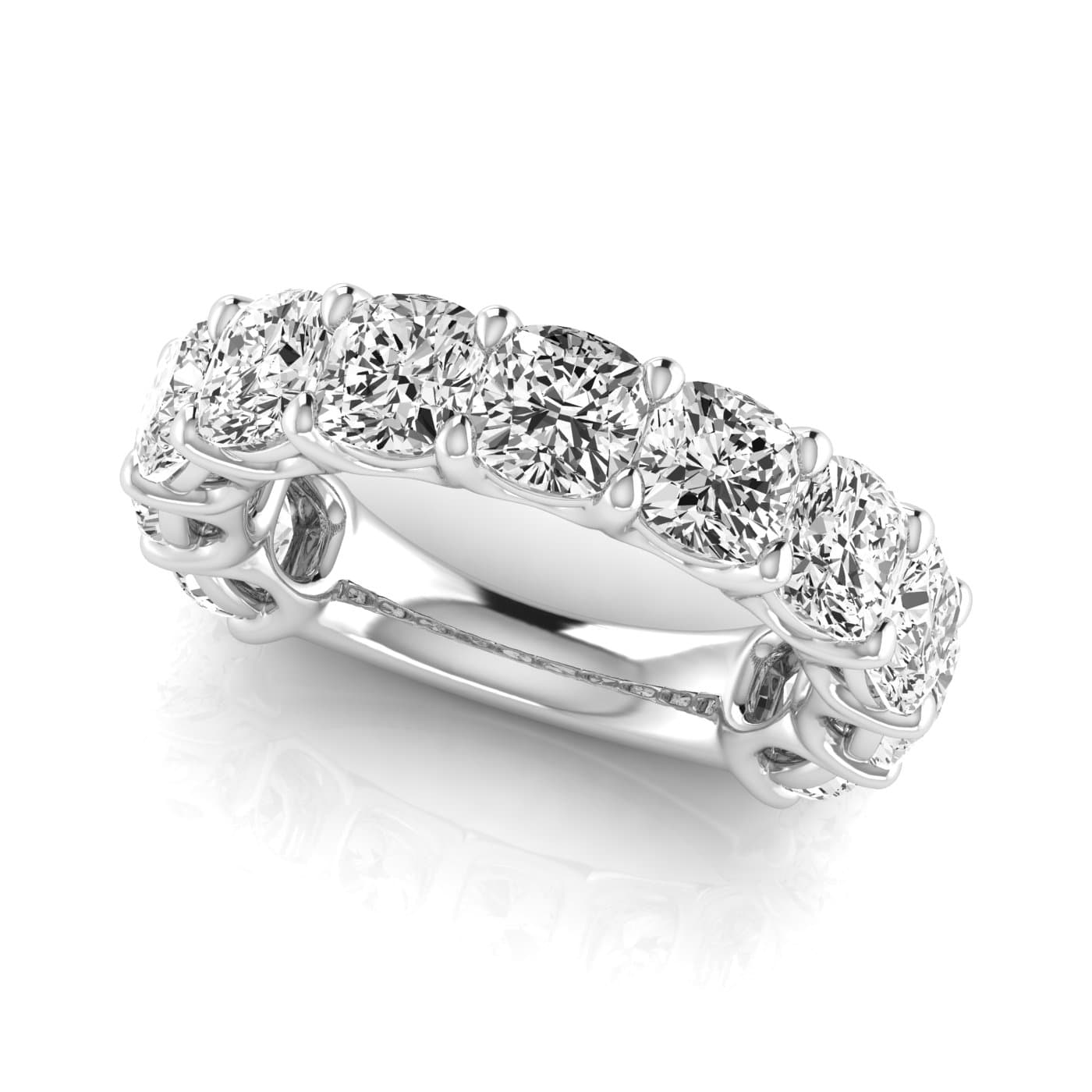 3/4 Spread Cushion Diamond Wedding Band (8 1/4 ct. tw.), On hand view in white gold or platinum