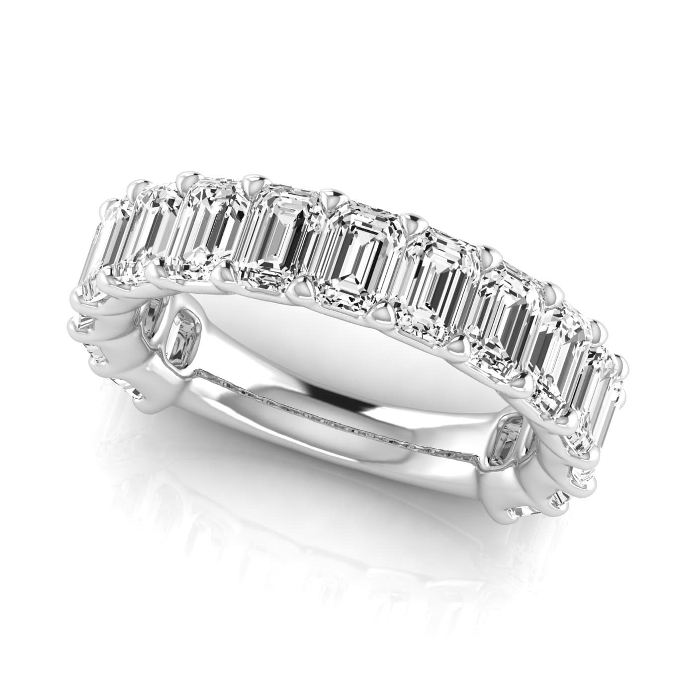 3/4 Spread Emerald Diamond Wedding Band (4.95 ct. tw.), On hand view in white gold or platinum