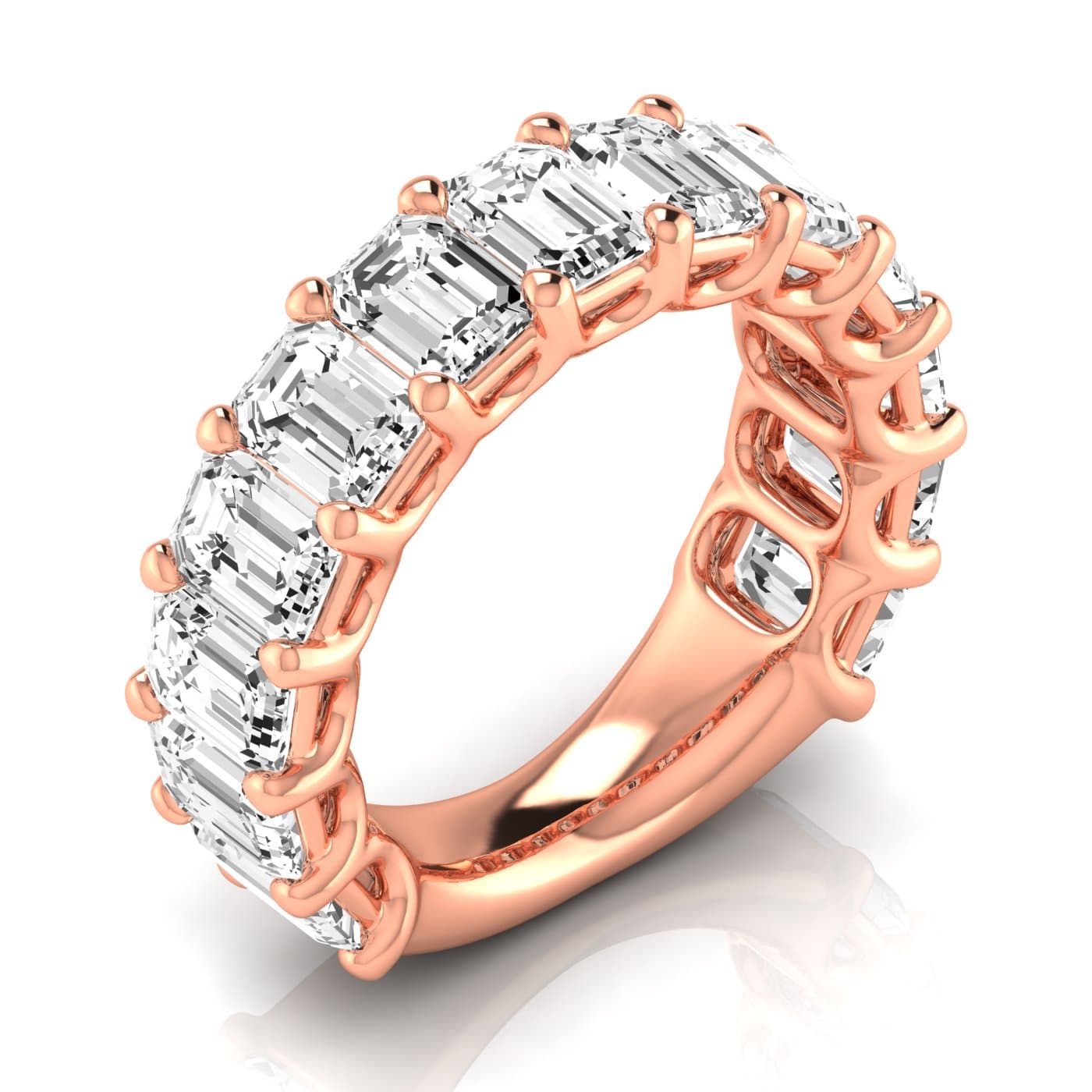 3/4 Spread Emerald Diamond Wedding Band (6 1/2 ct. tw.), Front view in rose gold