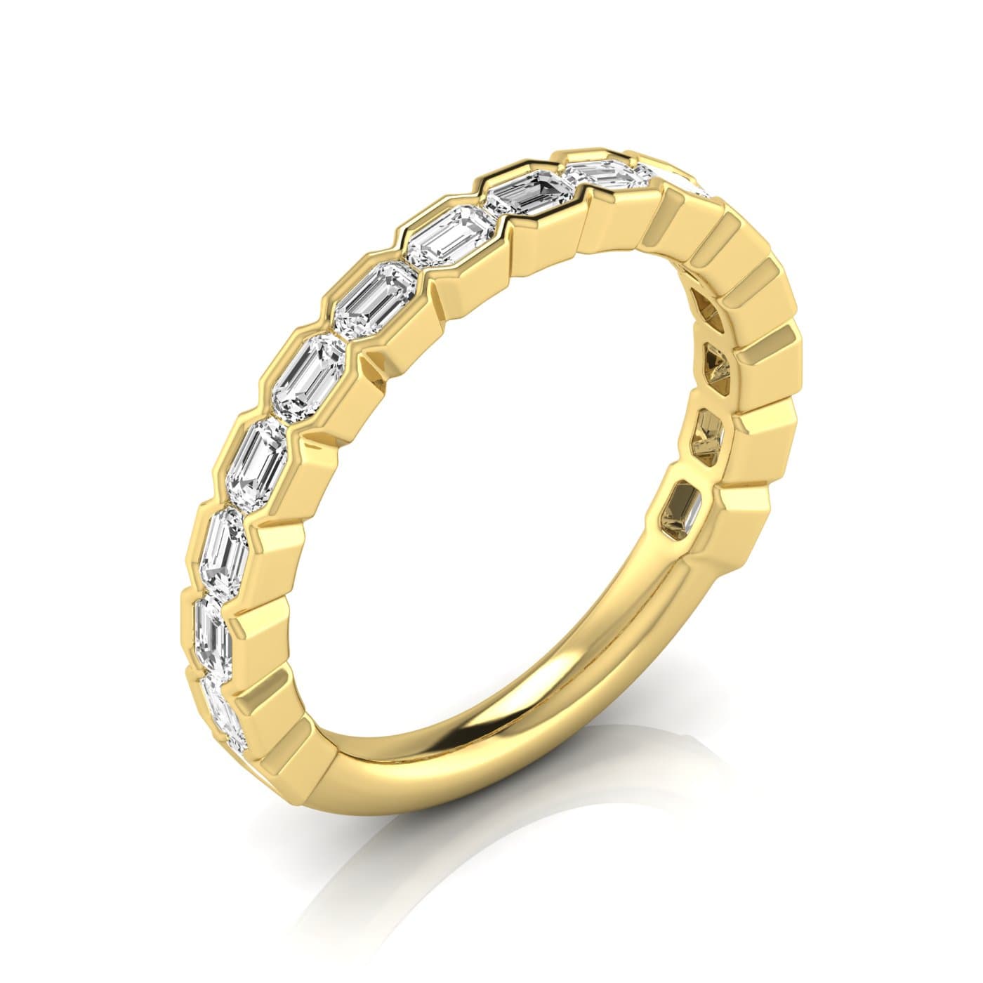 3/4 Spread Emerald Diamond Wedding Band (1.44 ct. tw.), Front view in yellow gold