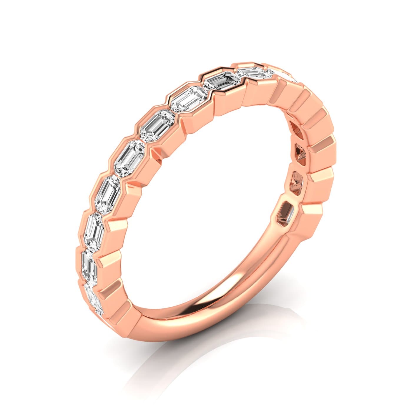 3/4 Spread Emerald Diamond Wedding Band (1.44 ct. tw.), Front view in rose gold