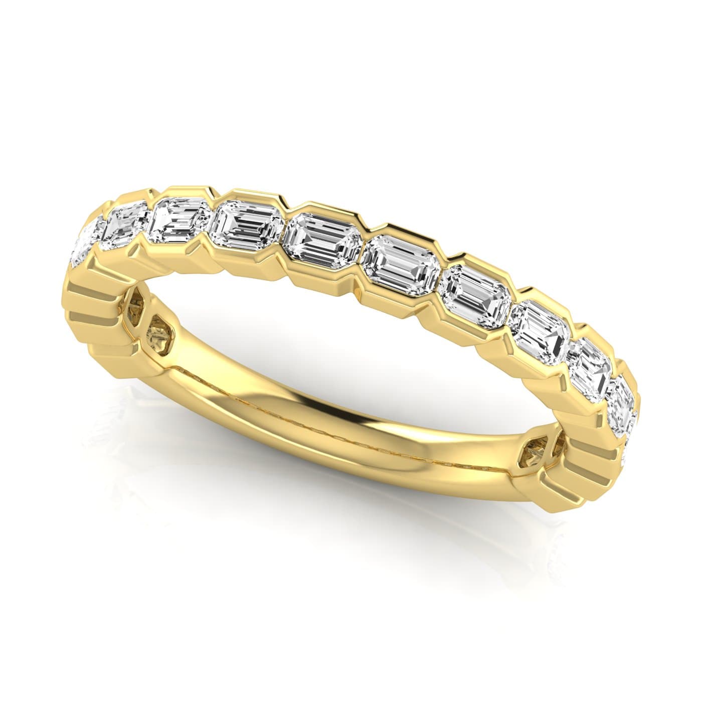 3/4 Spread Emerald Diamond Wedding Band (1.44 ct. tw.), On hand view in yellow gold