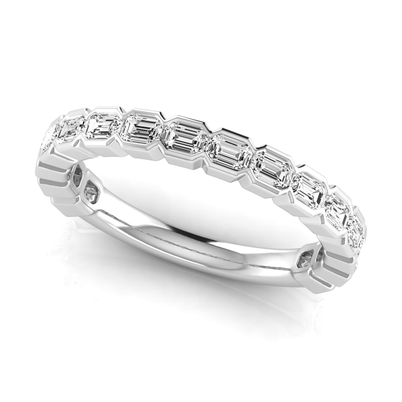 3/4 Spread Emerald Diamond Wedding Band (1.44 ct. tw.), On hand view in white gold or platinum