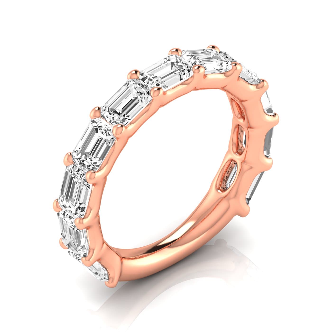 3/4 Spread Emerald Diamond Wedding Band (3.52 ct. tw.), Front view in rose gold