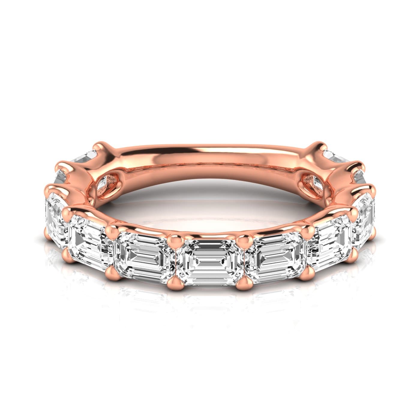 3/4 Spread Emerald Diamond Wedding Band (3.52 ct. tw.), Side view in rose gold
