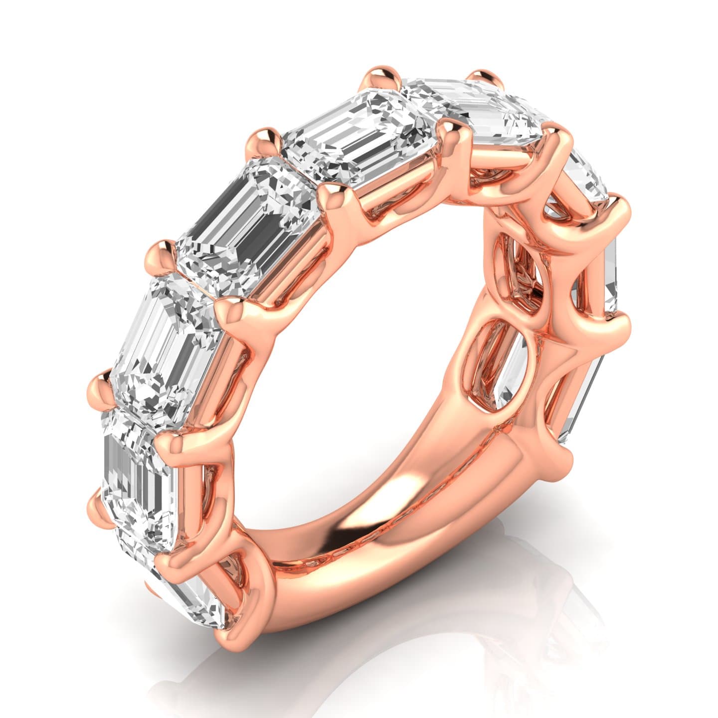 3/4 Spread Emerald Diamond Wedding Band (6 1/2 ct. tw.), Front view in rose gold