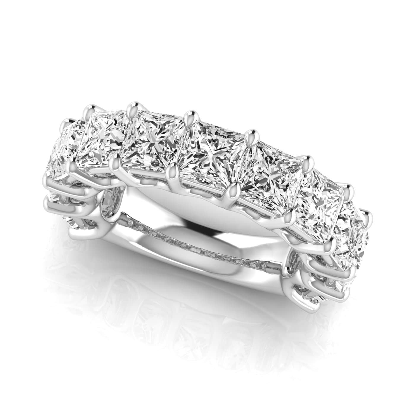 3/4 Spread Princess Diamond Wedding Band (8 1/4 ct. tw.), On hand view in white gold or platinum