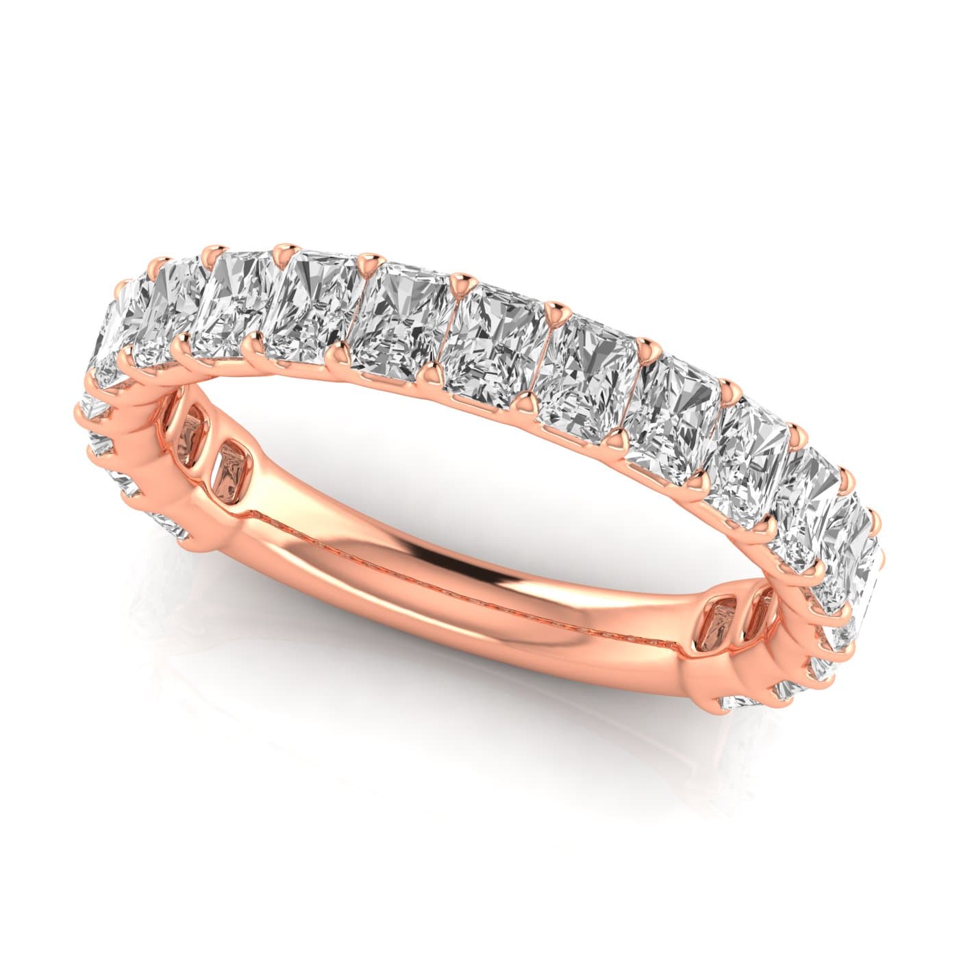 3/4 Spread Radiant Diamond Wedding Band (1.9 ct. tw.), On hand view in rose gold