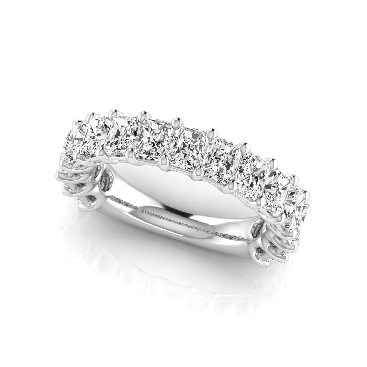3/4 Spread Radiant Diamond Wedding Band (4.95 ct. tw.), On hand view in white gold or platinum