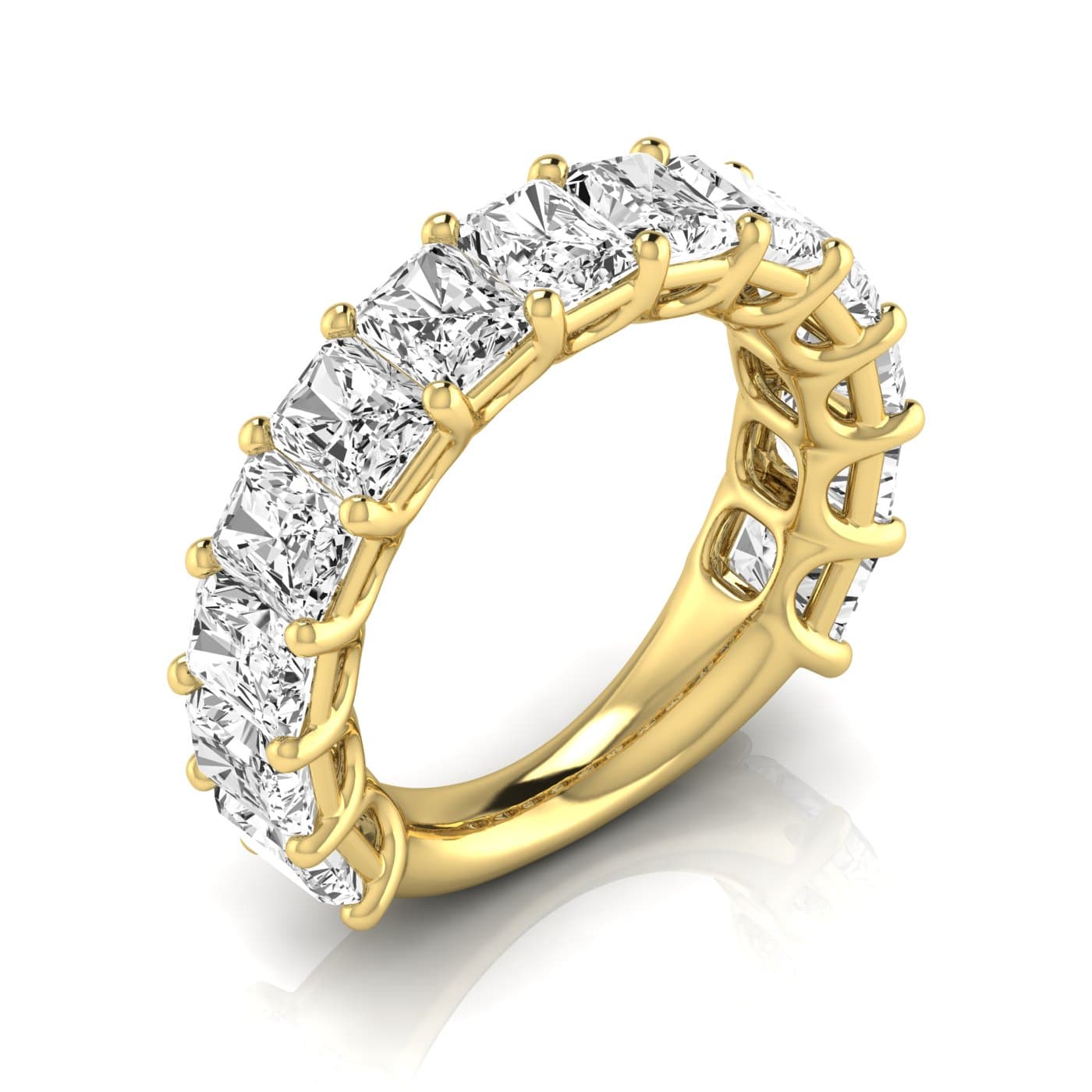 3/4 Spread Radiant Diamond Wedding Band (6 1/2 ct. tw.), Front view in yellow gold