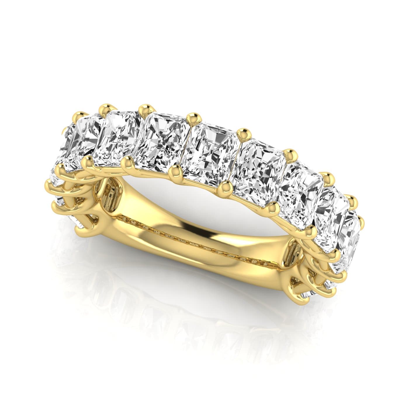 3/4 Spread Radiant Diamond Wedding Band (6 1/2 ct. tw.), On hand view in yellow gold