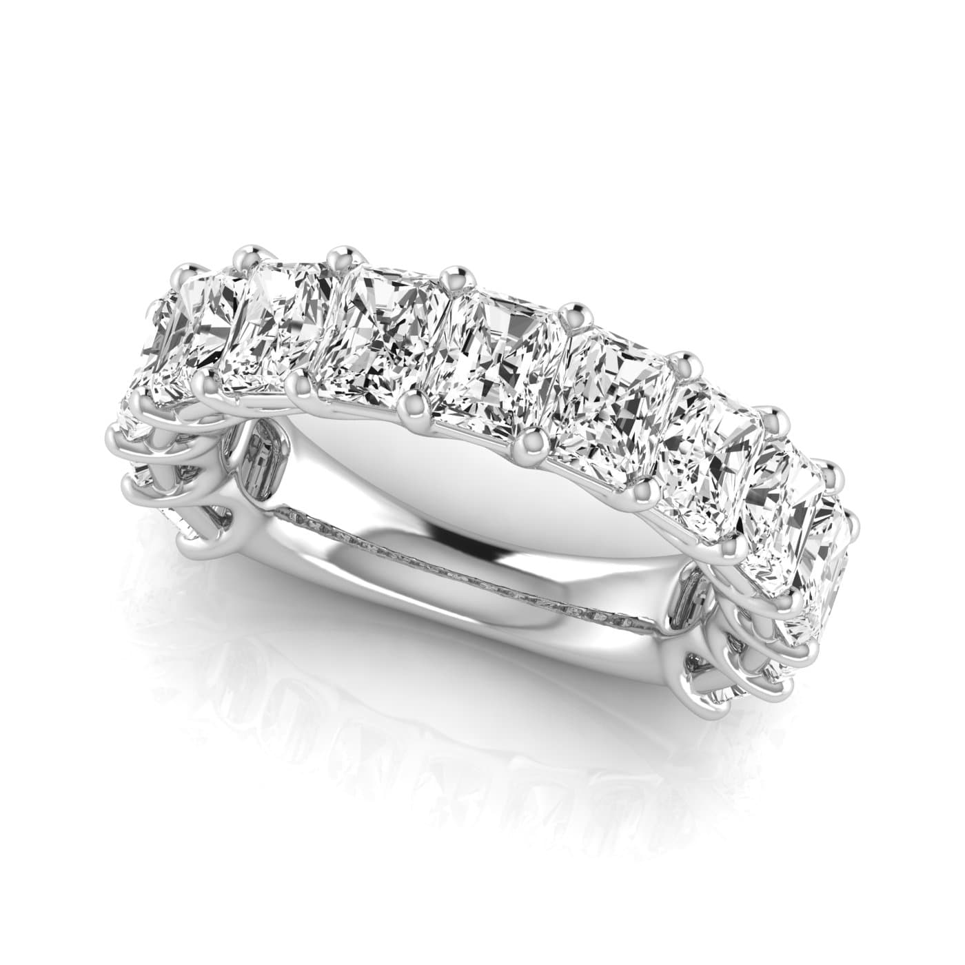 3/4 Spread Radiant Diamond Wedding Band (6 1/2 ct. tw.), On hand view in white gold or platinum