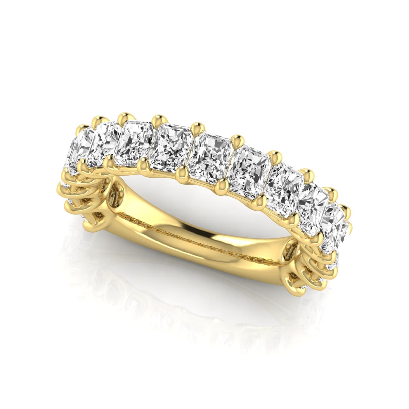 3/4 Spread Radiant Diamond Wedding Band (8 1/4 ct. tw.), On hand view in yellow gold