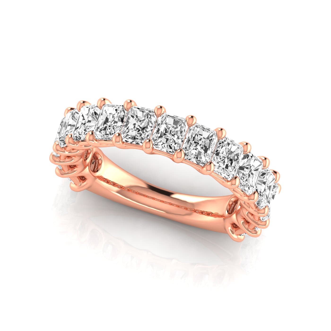 3/4 Spread Radiant Diamond Wedding Band (8 1/4 ct. tw.), On hand view in rose gold