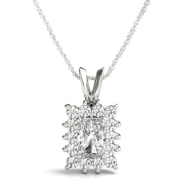 Emerald Cut Halo Pendant — 7X5 MM — View 1