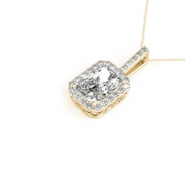Emerald Cut Halo Pendant (1/4 ct. tw.), Side view in yellow gold