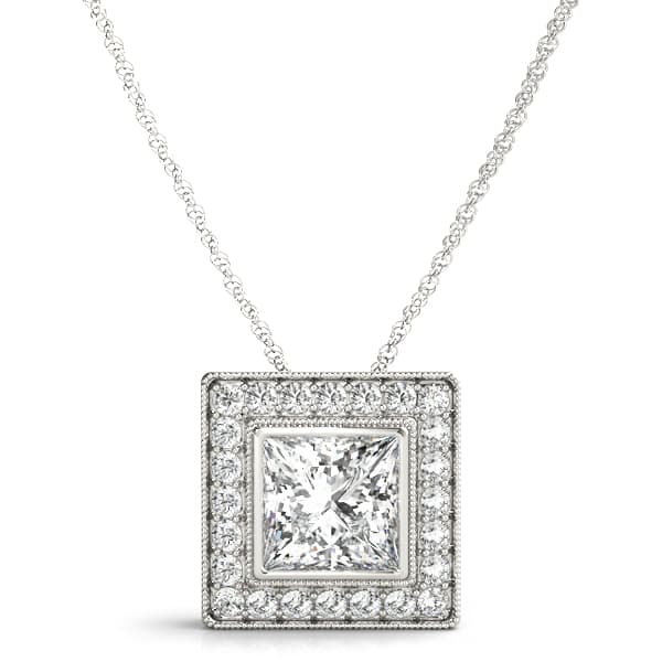 Princess Cut Halo Milgrain Pendant — 6X6 MM — View 1