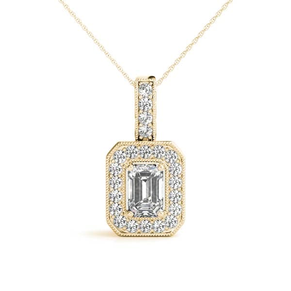 Rectangular Emerald Halo Pendant (0.28 ct. tw.), Front view in yellow gold