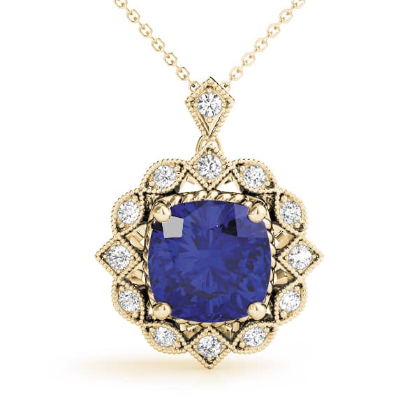 Vintage Inspired Cushion Milgrain Color Pendant (0.08 ct. tw.), Front view in yellow gold