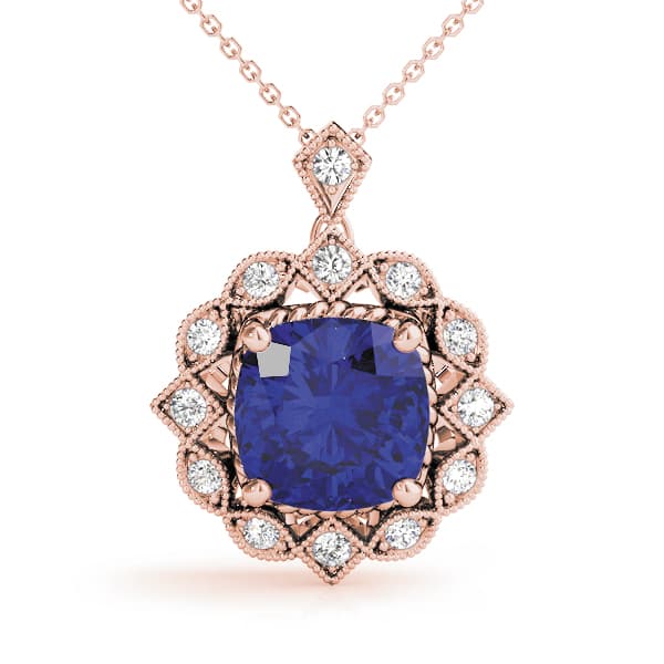 Vintage Inspired Cushion Milgrain Color Pendant (0.08 ct. tw.), Front view in rose gold