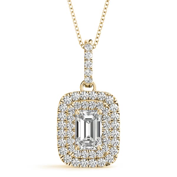 Double Halo Emerald Cut Pendant (0.3 ct. tw.), Front view in yellow gold