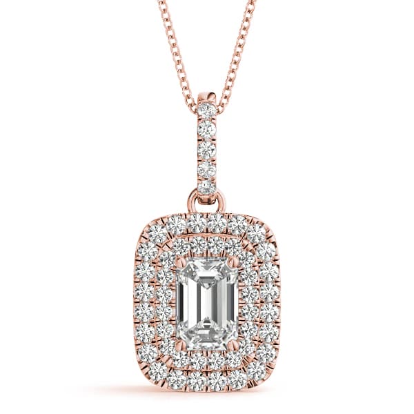 Double Halo Emerald Cut Pendant (1/3 ct. tw.), Front view in rose gold