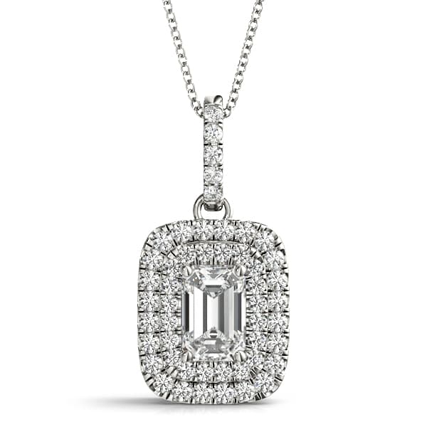 Double Halo Emerald Cut Pendant — 6X4 MM — View 1
