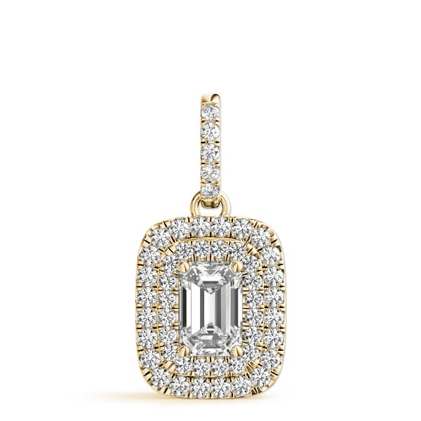 Double Halo Emerald Cut Pendant (0.3 ct. tw.), On hand view in yellow gold