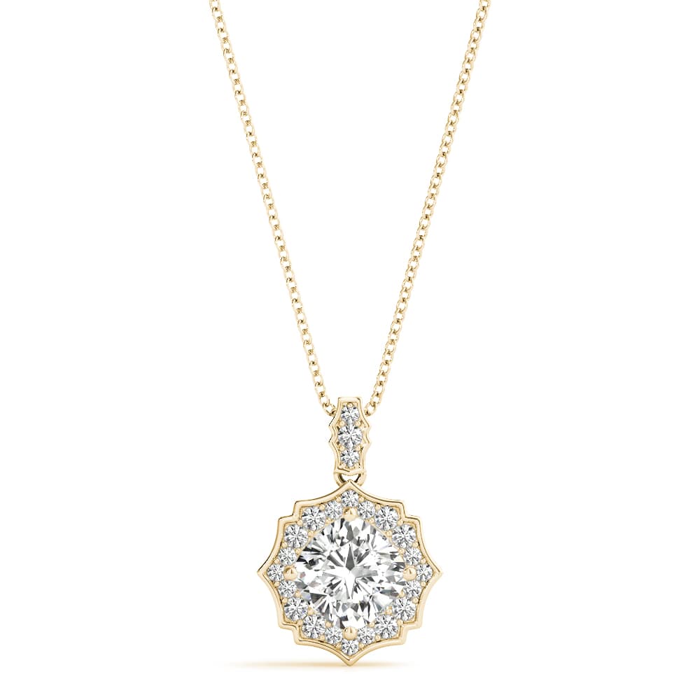 Scalloped Cushion-Cut Halo Pendant (0.2 ct. tw.), Front view in yellow gold