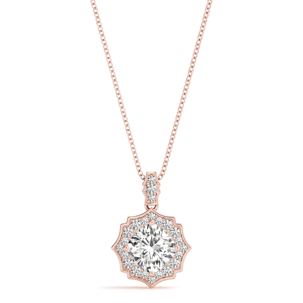 Scalloped Cushion-Cut Halo Pendant (0.17 ct. tw.), Front view in rose gold