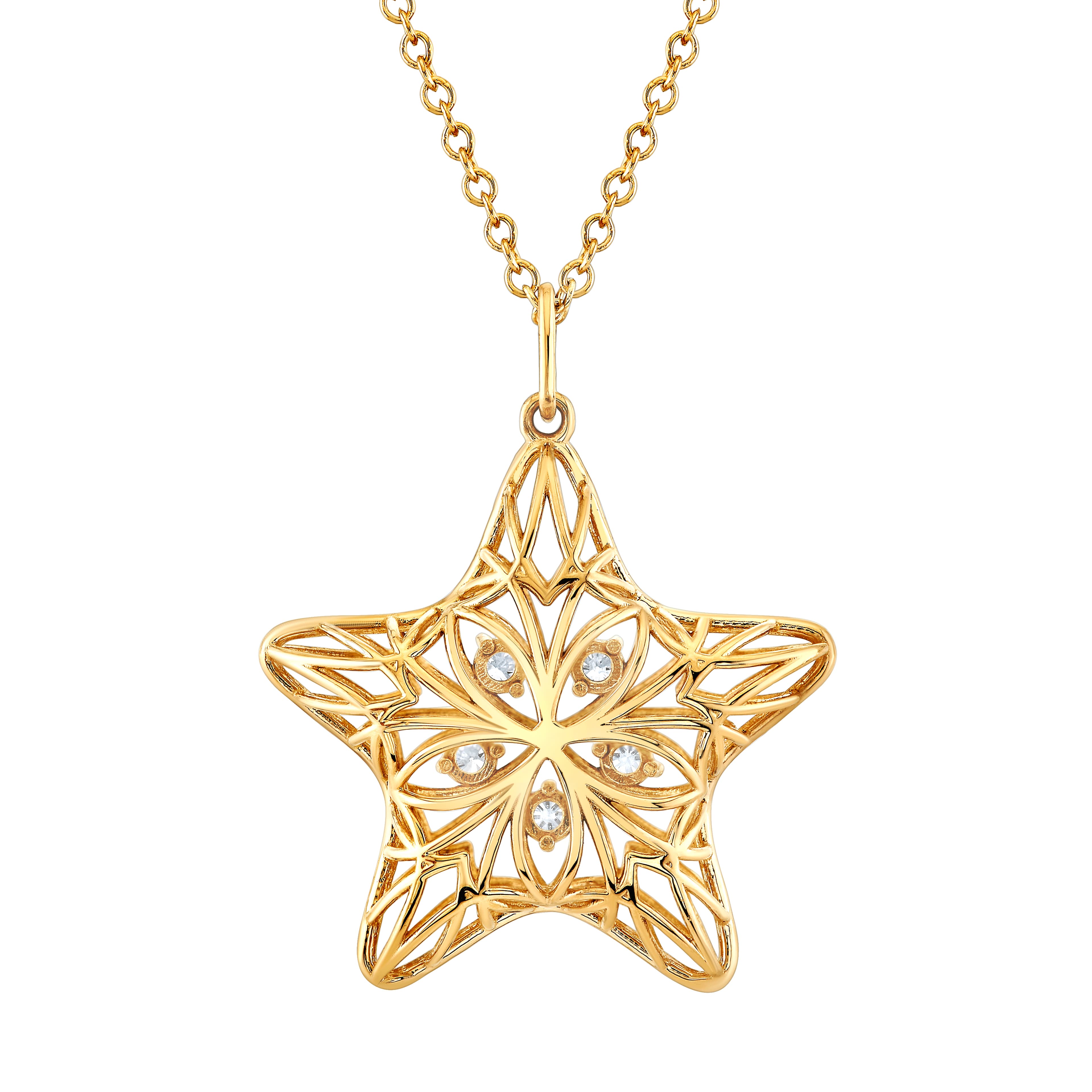 Light Weight Puffy Star Pendant (0.04 ct. tw.), Angle view in yellow gold