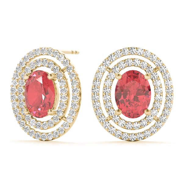 Double Halo Oval Earrings (0.99 ct. tw.), On hand view in yellow gold