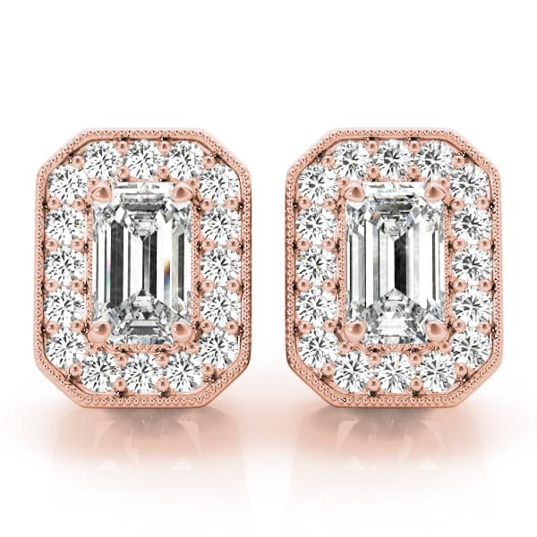 Vintage Inspired Emerald Cut Halo Studs (3/8 ct. tw.), Front view in rose gold