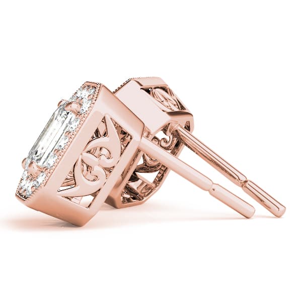 Vintage Inspired Emerald Cut Halo Studs (3/8 ct. tw.), Side view in rose gold