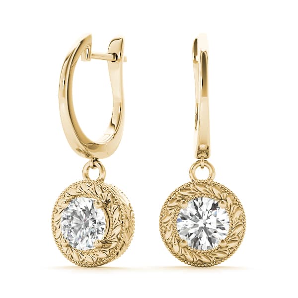 Vintage Single Stone Milgrain Filigree Earrings (3/4 ct. tw.), On hand view in yellow gold