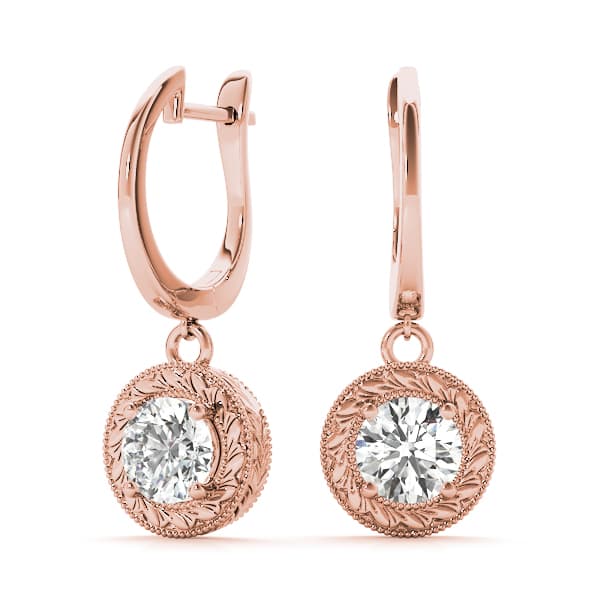 Vintage Single Stone Milgrain Filigree Earrings (1/2 ct. tw.), On hand view in rose gold